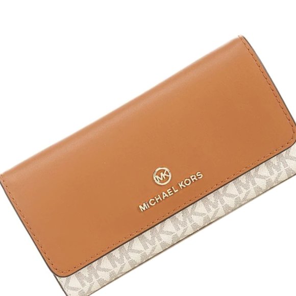✅ Michael Kors Jet Set Tri-Fold Large Logo Leather Wallet Acorn / Vanilla ✨ NWT - Picture 3 of 16